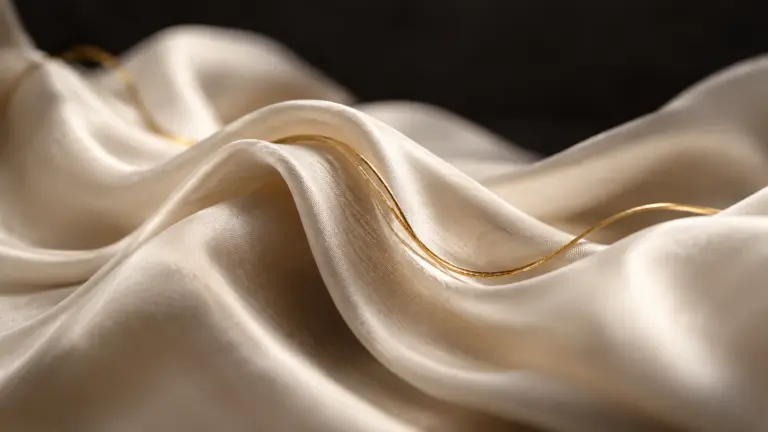 Weiche Falten aus cremefarbenem Stoff mit einem goldenen Faden vor dunklem Hintergrund.