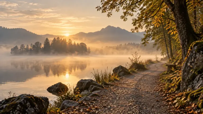 Uferweg am See im Morgennebel mit Laufspur im Kies und Bäumen als Silhouetten.