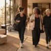 Drei Frauen unterschiedlichen Alters gehen im Gespräch mit Sporttaschen durch die helle Lounge eines Studios.